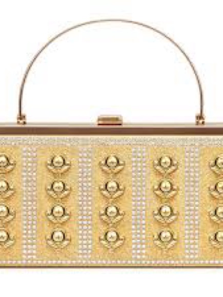 Luxury Gold Crystal Embellished Top-Handle Evening Clutch W/Chain, Floral Detail
